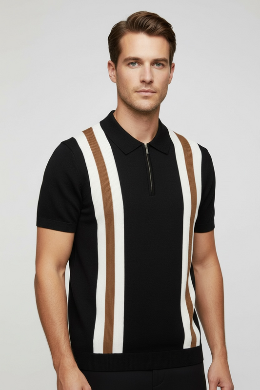 Contrast Color Lapels Half Zipper Knitted Short Sleeve