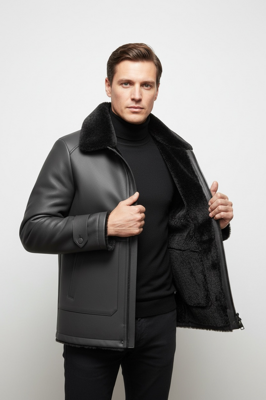 Men's Detachable Mink Cashmere Lining Lapel Leather Jacket