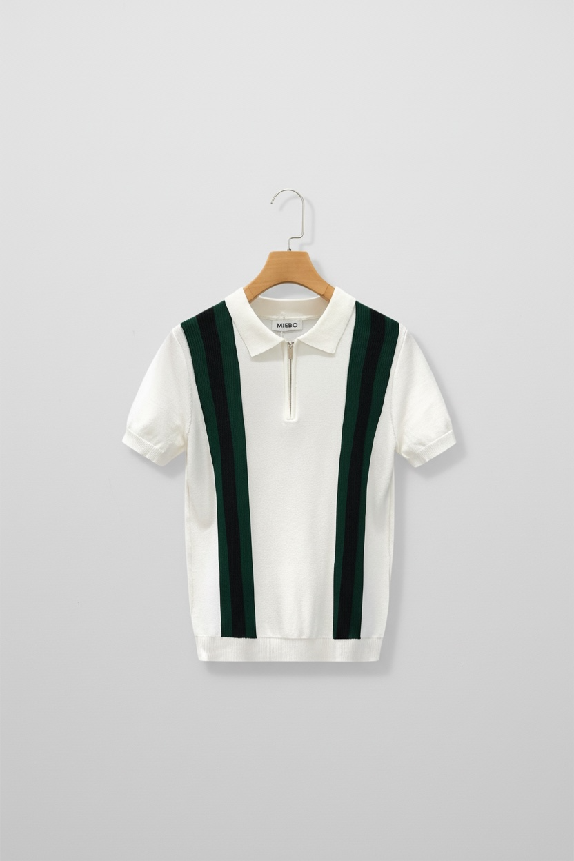 Contrast Color Lapels Half Zipper Knitted Short Sleeve