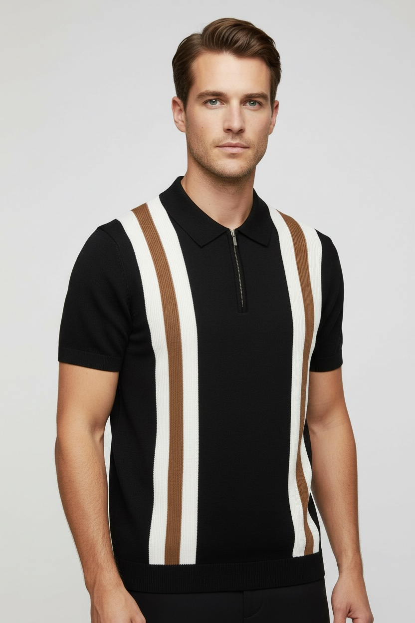 Contrast Color Lapels Half Zipper Knitted Short Sleeve