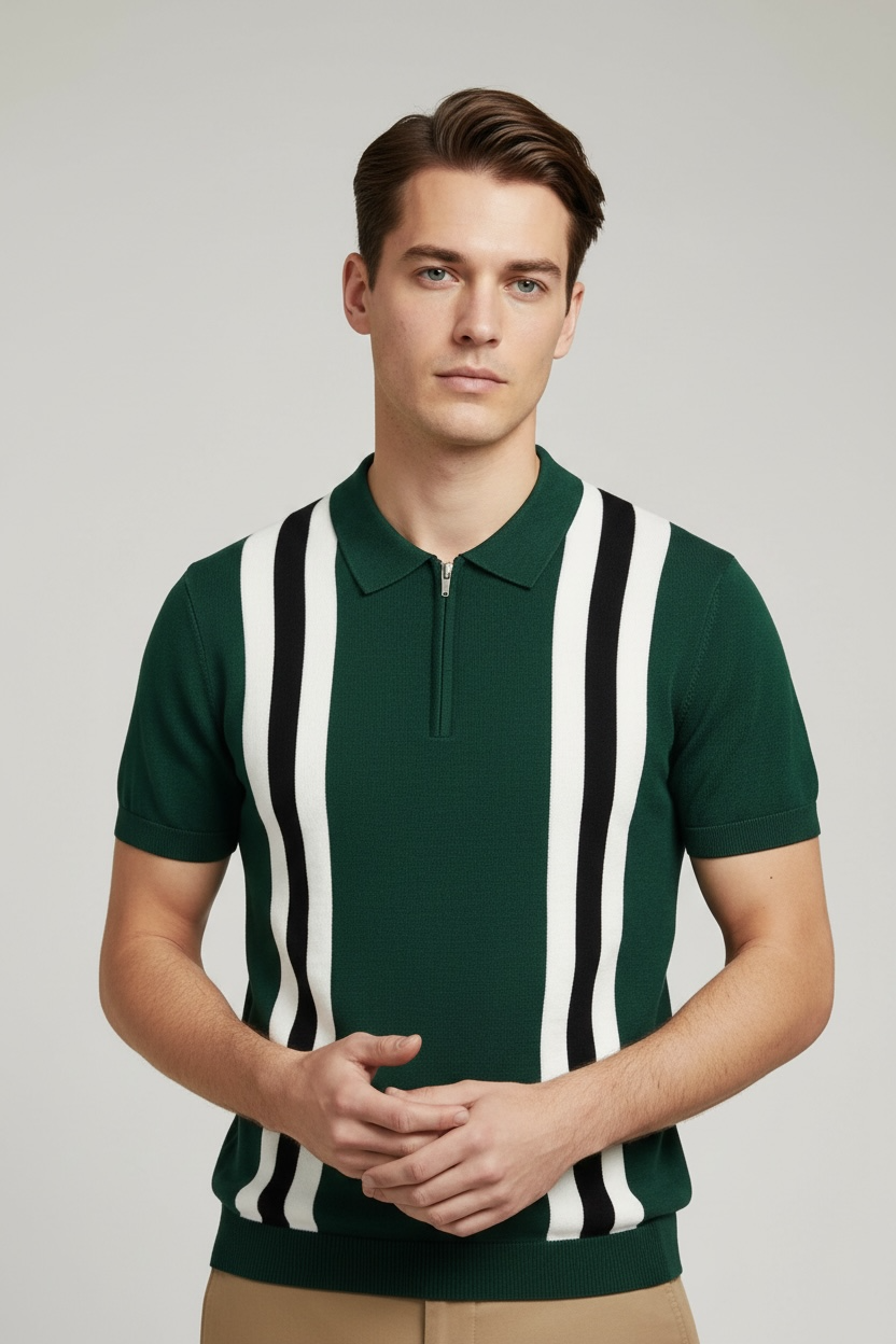 Contrast Color Lapels Half Zipper Knitted Short Sleeve