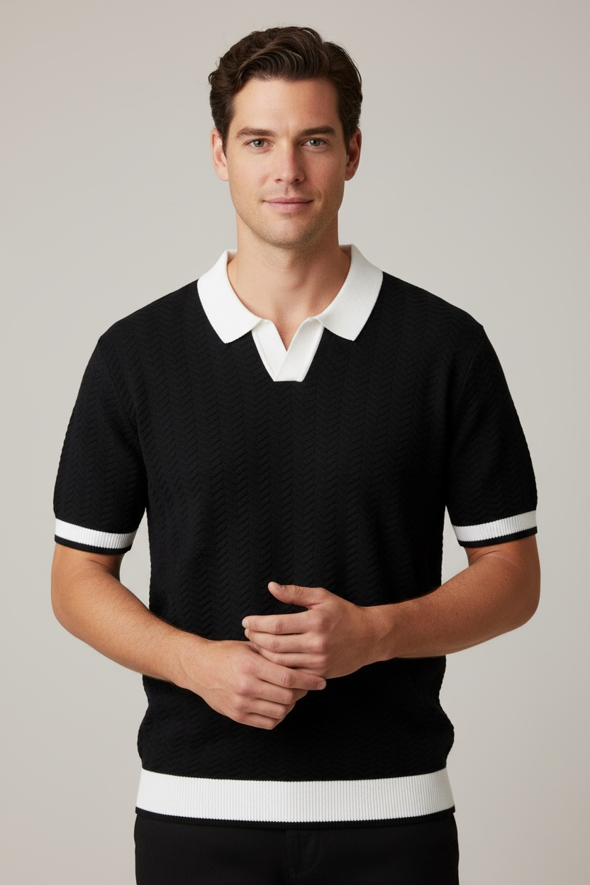 Men's Lapel Jacquard Texture Slim-fit Short Sleeve