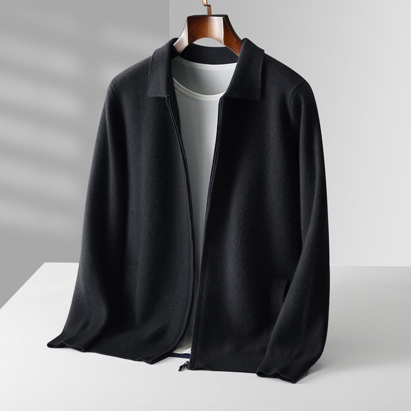 Pure Wool Cardigan Men's Knitted Turn-down Collar Coat