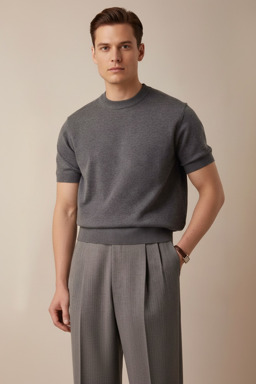 Round Neck Short Sleeve Knitted T-shirt