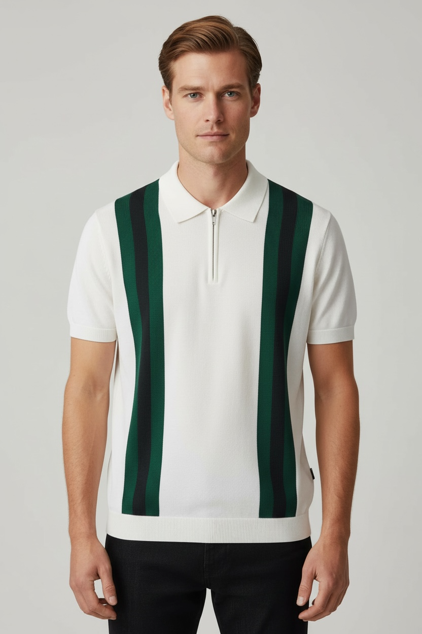 Contrast Color Lapels Half Zipper Knitted Short Sleeve