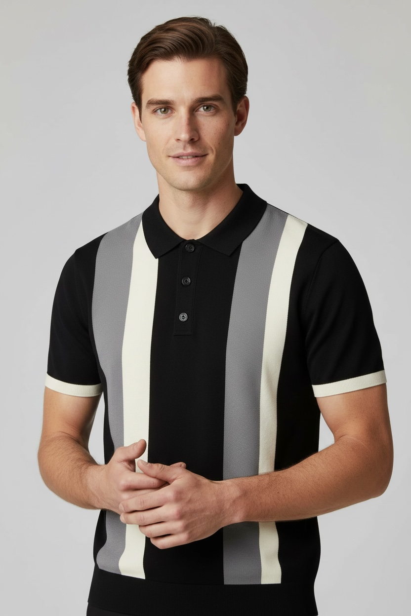 Short Sleeve Men's Vintage Stripe Personality Zipper Half Sleeve