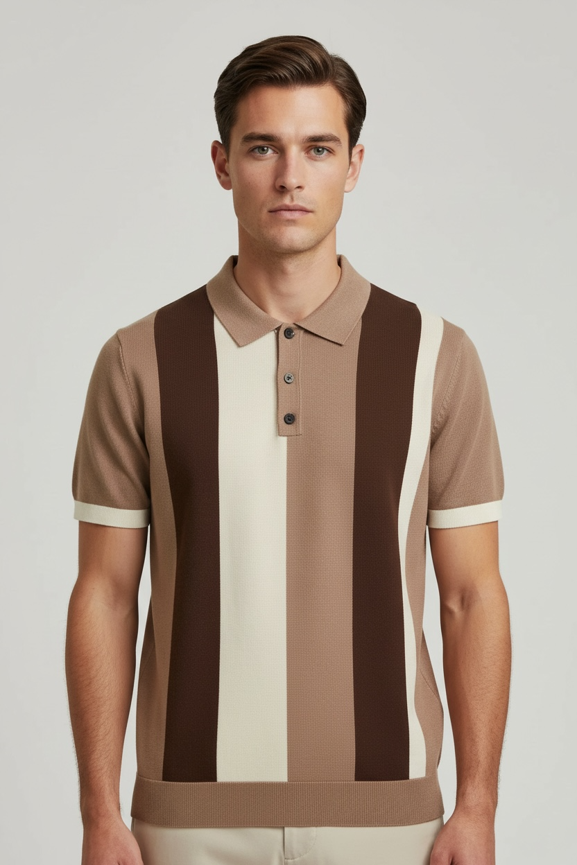 Short Sleeve Men's Vintage Stripe Personality Zipper Half Sleeve