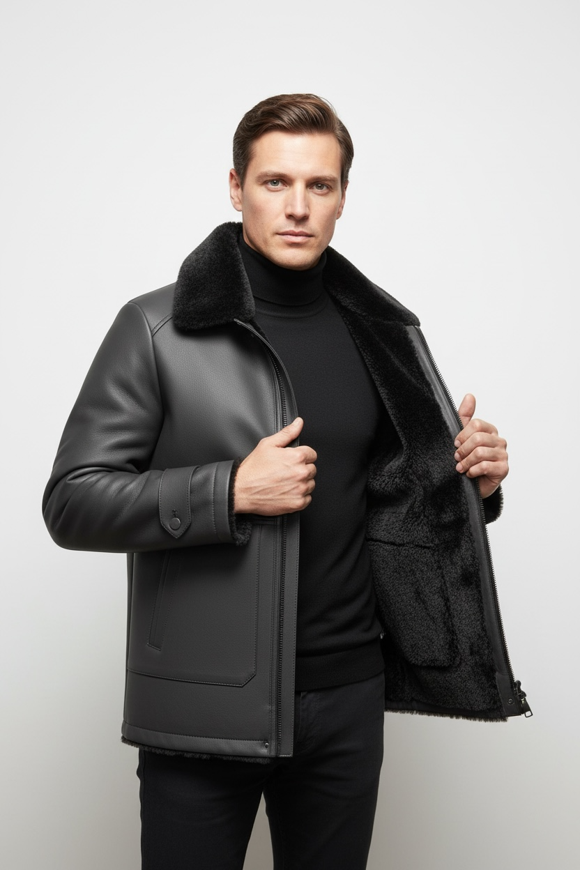 Men's Detachable Mink Cashmere Lining Lapel Leather Jacket