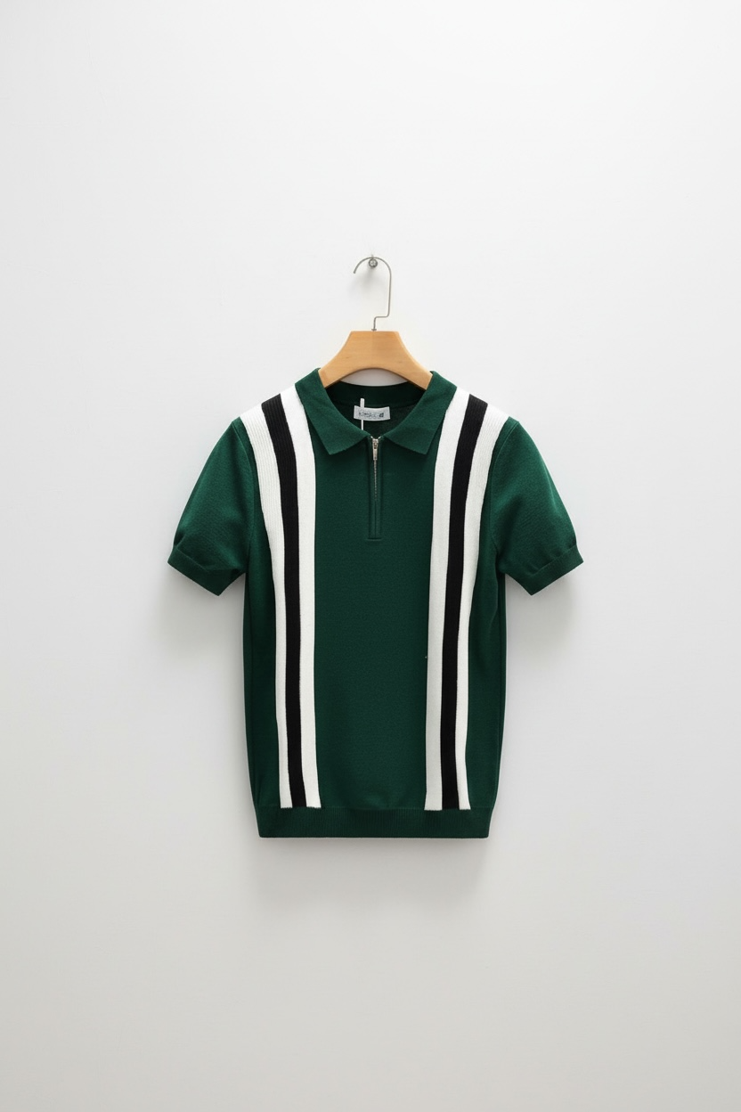 Contrast Color Lapels Half Zipper Knitted Short Sleeve