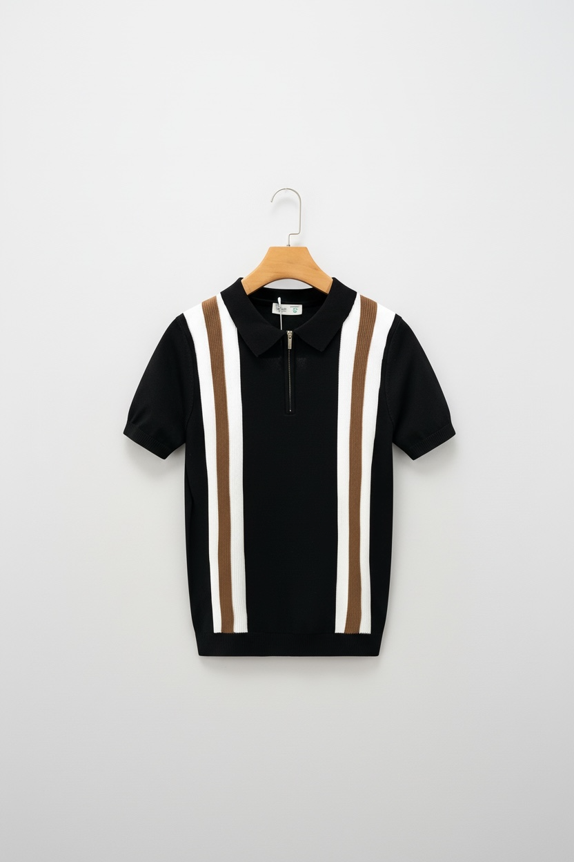 Contrast Color Lapels Half Zipper Knitted Short Sleeve