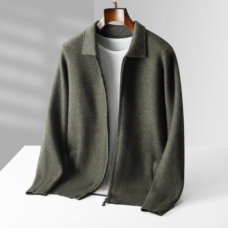 Pure Wool Cardigan Men's Knitted Turn-down Collar Coat