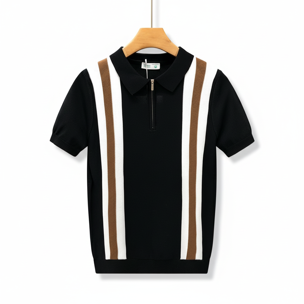 Contrast Color Lapels Half Zipper Knitted Short Sleeve