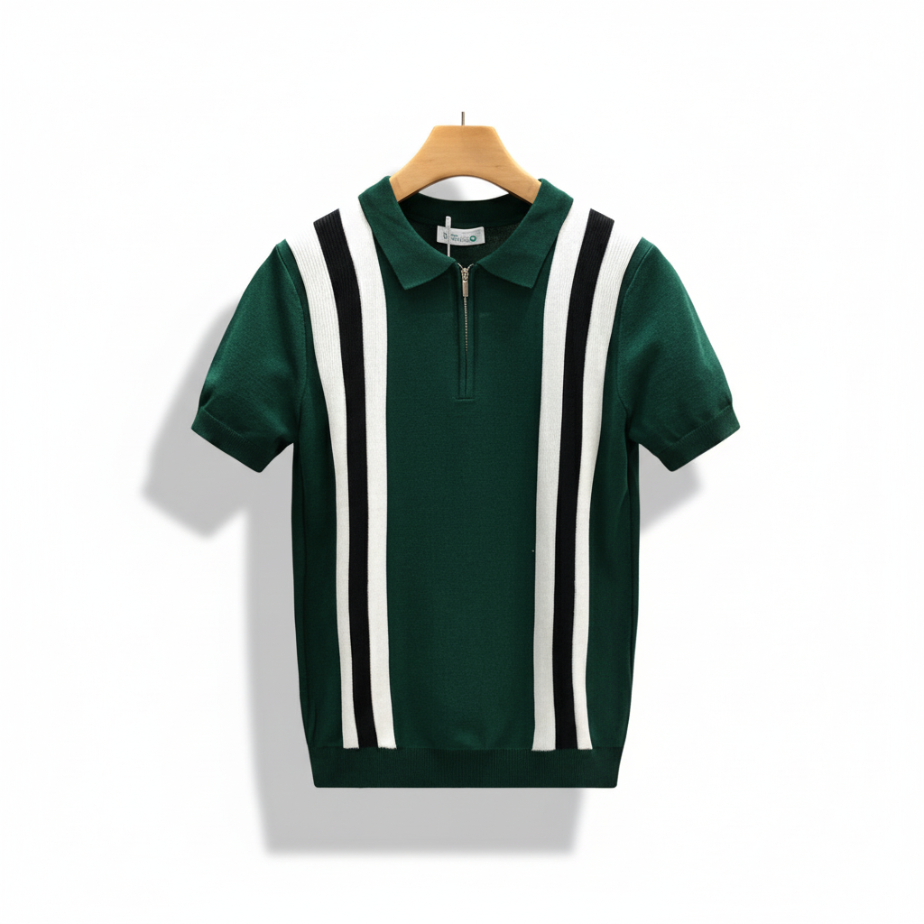 Contrast Color Lapels Half Zipper Knitted Short Sleeve