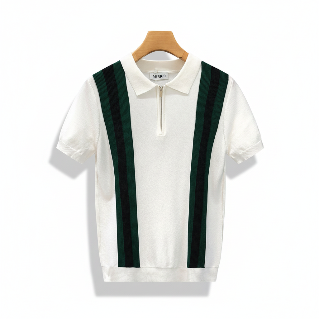 Contrast Color Lapels Half Zipper Knitted Short Sleeve