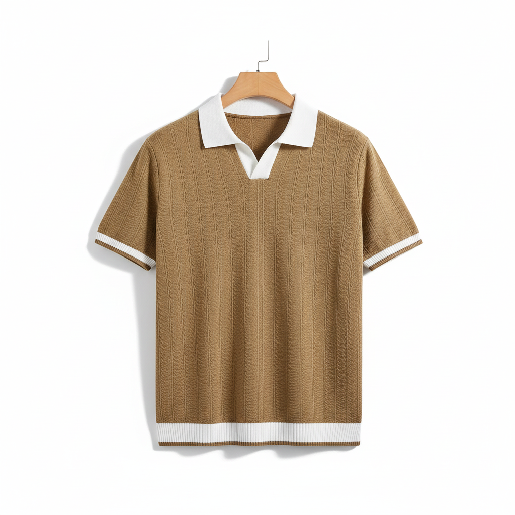 Men's Lapel Jacquard Texture Slim-fit Short Sleeve