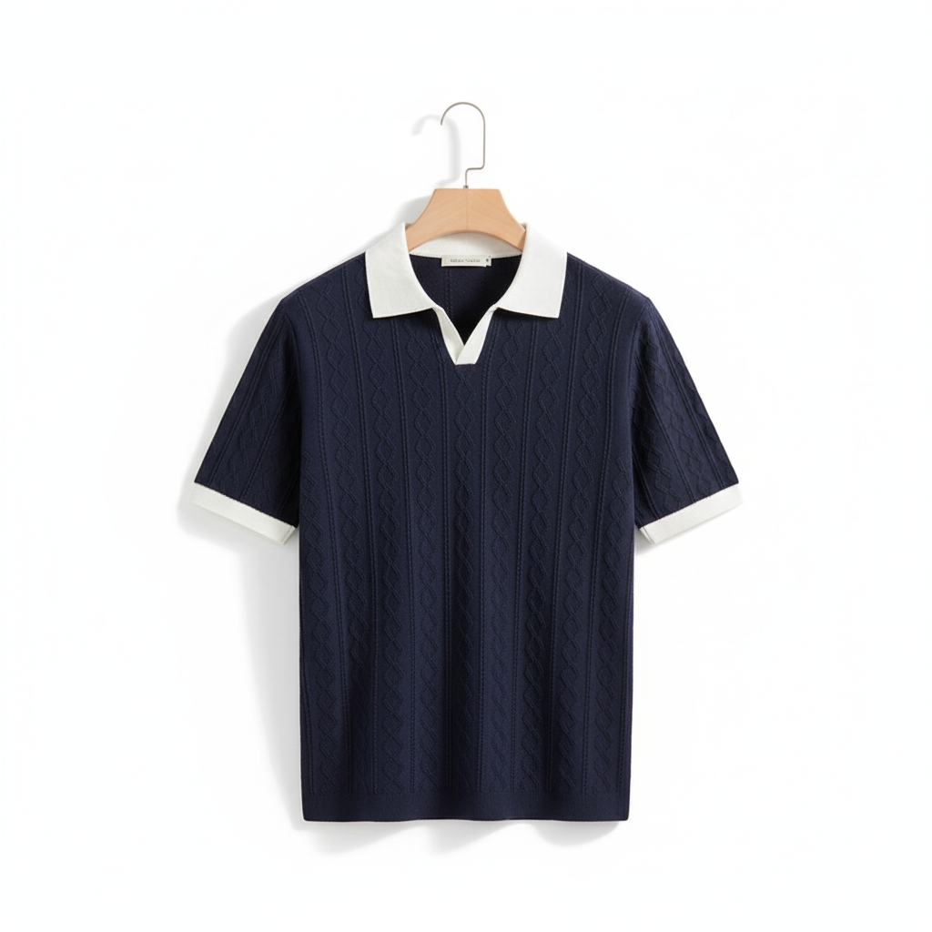 Knit Jacquard Color Block Lapel Top Vintage